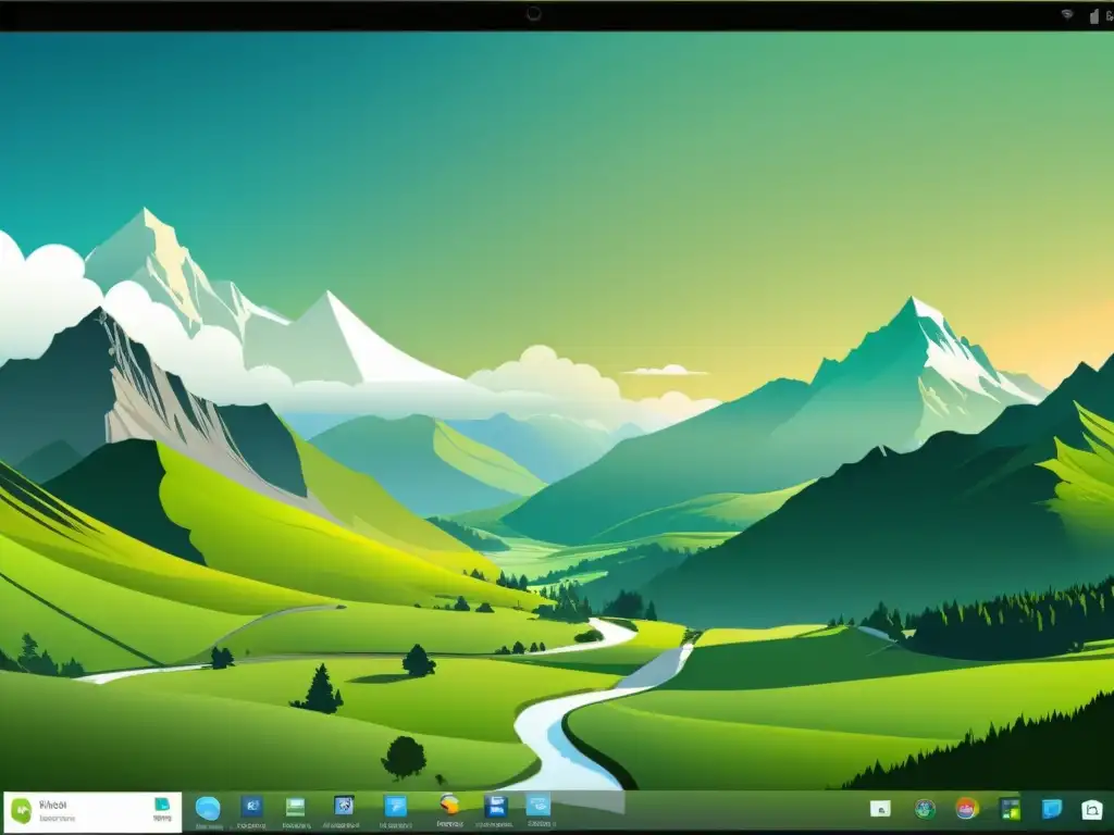 Escritorio personalizado de Linux Mint con tema de montaña, iconos minimalistas y colores suaves