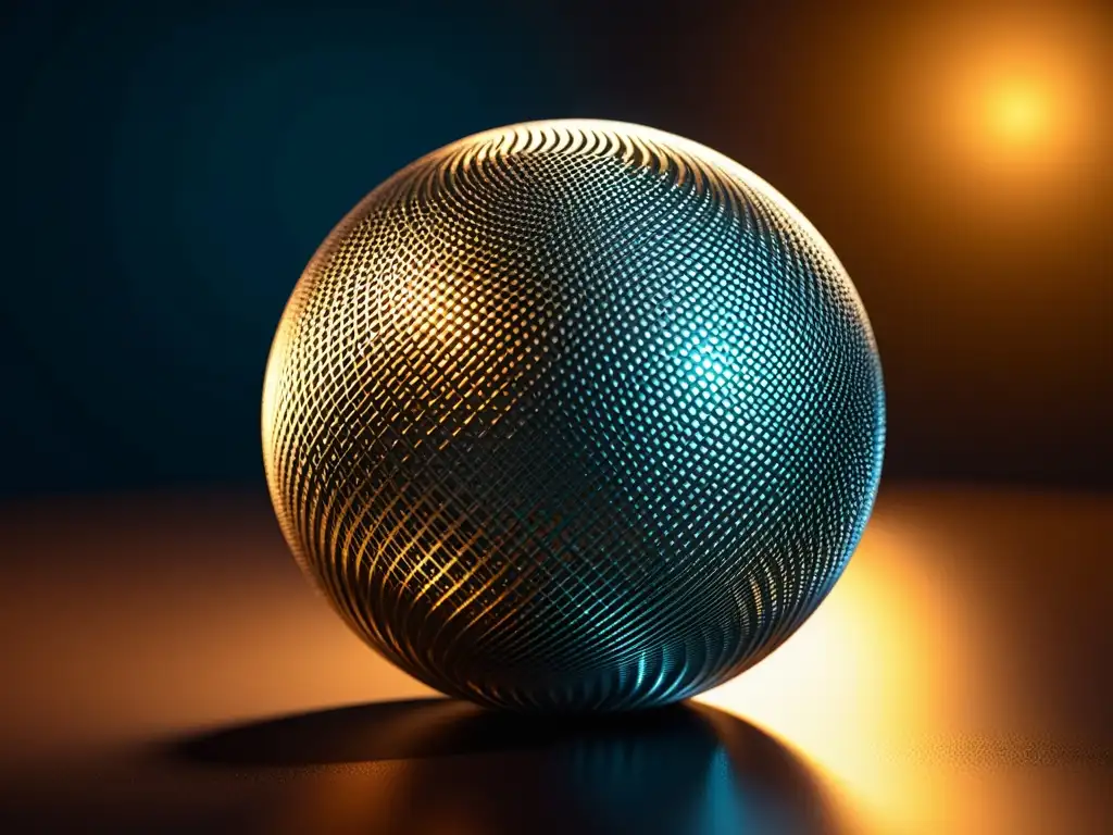 Esfera metálica detallada iluminada por luz cálida en fondo futurista, destacando capacidades de Blender, software de modelado 3D de código abierto