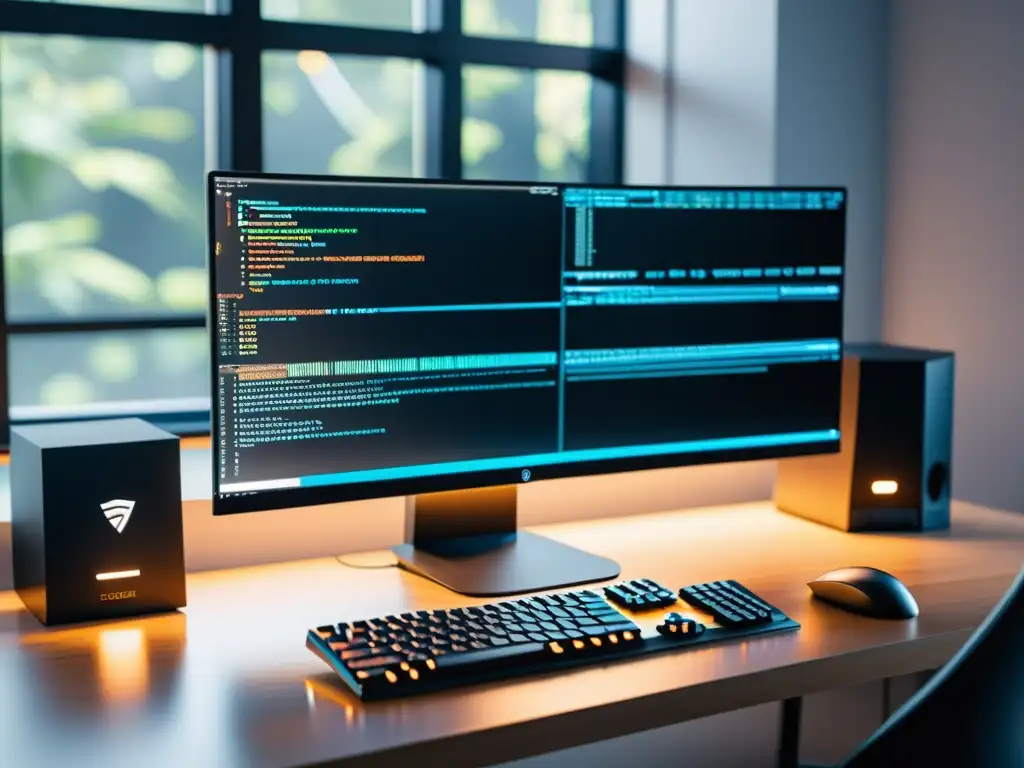 Espacio de trabajo de desarrollo FrontEnd seguro en 8k Espacio de codificación moderno con mejores prácticas seguridad desarrollo FrontEnd: computadora, monitores, teclado y decoración minimalista