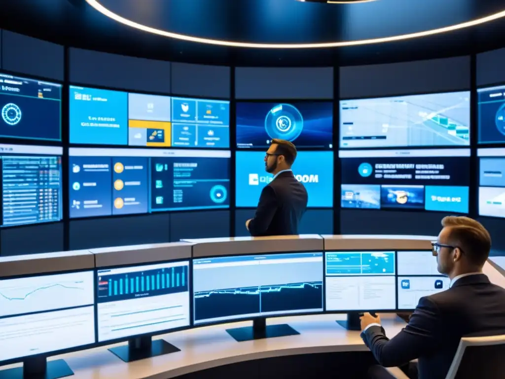 Un espacio de control digital futurista con profesionales monitoreando datos de seguridad en tiempo real