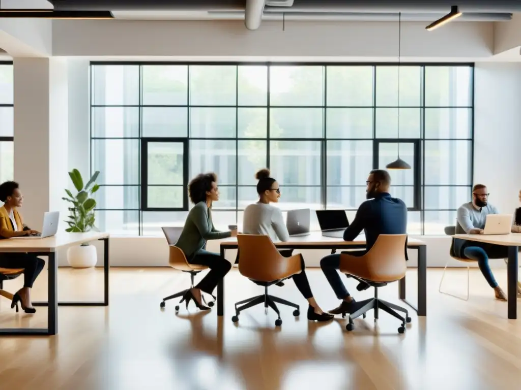 Un espacio de coworking moderno y espacioso, lleno de luz natural con muebles minimalistas