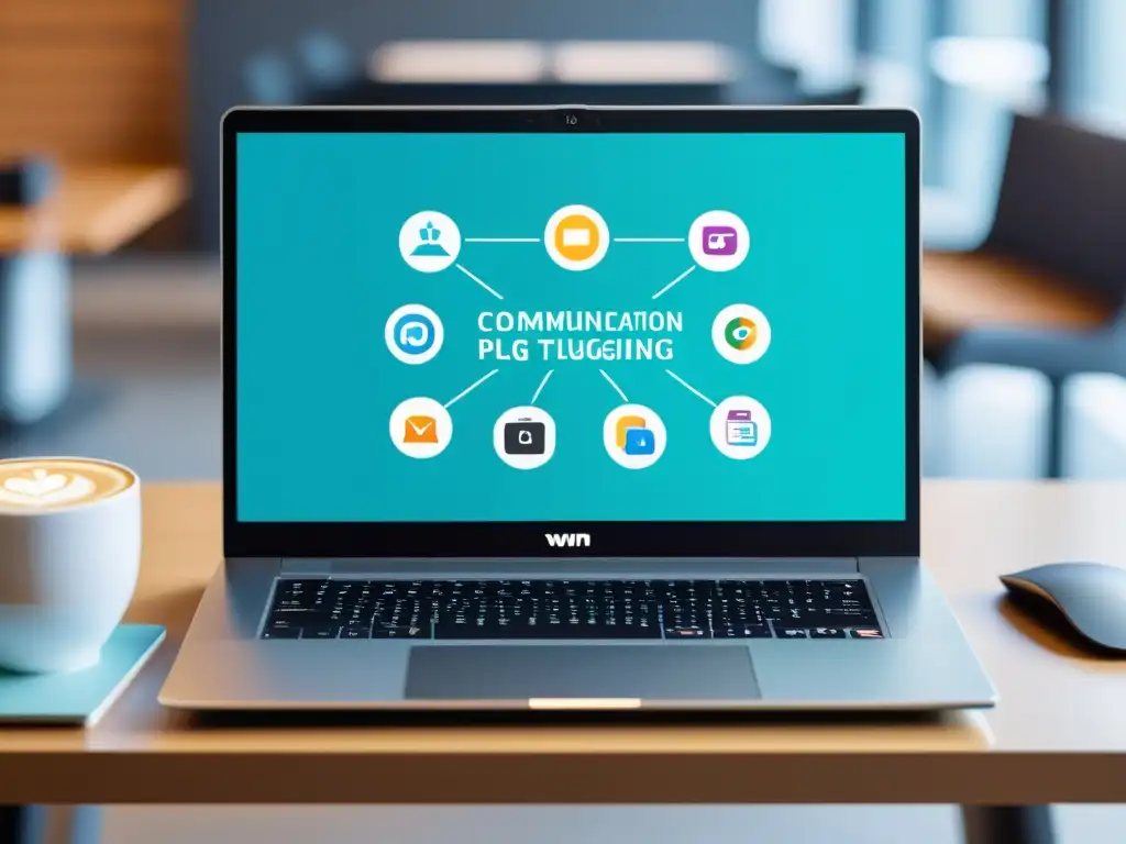 Un espacio de coworking vibrante con un elegante portátil y plugins de comunicación