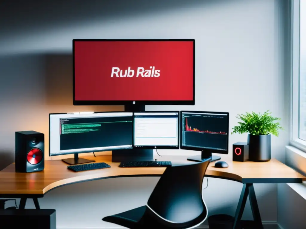 Espacio de desarrollo de aplicaciones web con Ruby on Rails en un entorno moderno y profesional, iluminado por luz natural