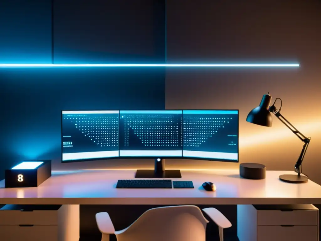 Espacio de desarrollo backend, monitor hightech, equipo de codificación moderno, iluminación futurista