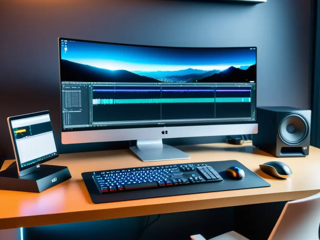 Un espacio de edición de video profesional con tecnología moderna y elegante