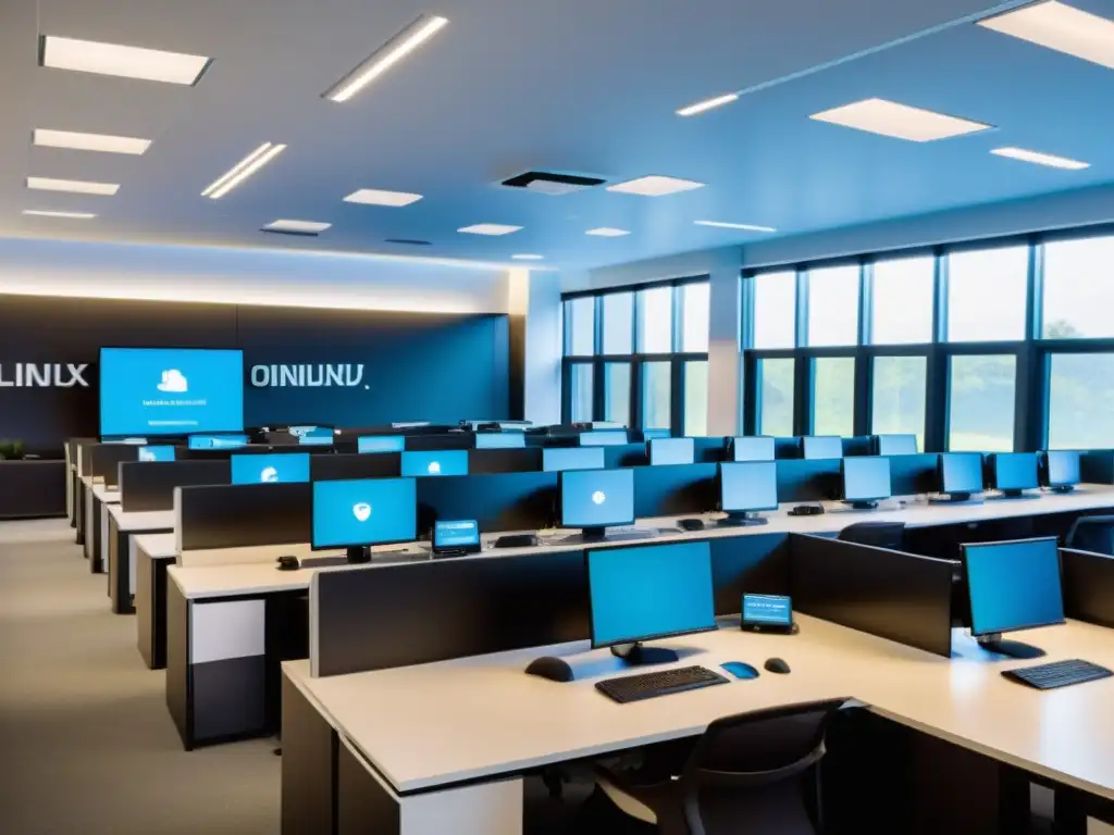 Espacio de eLearning en Linux con estudiantes colaborando en proyectos educativos