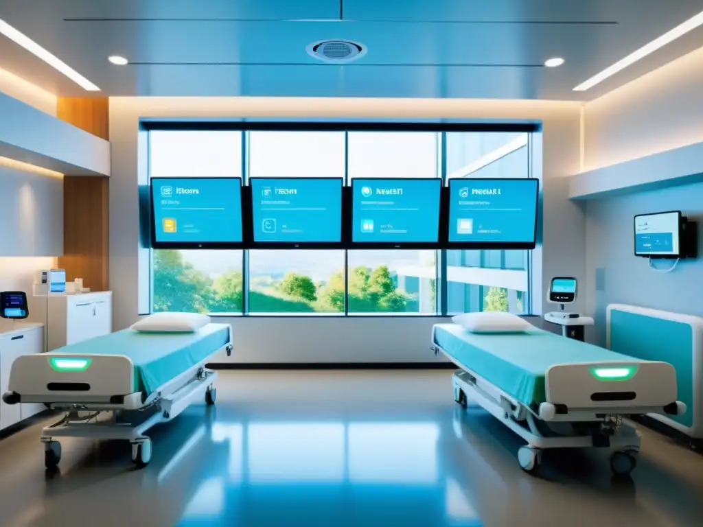 Espacio hospitalario moderno con tecnología IoT de código abierto en medicina, integrada en un ambiente luminoso y minimalista
