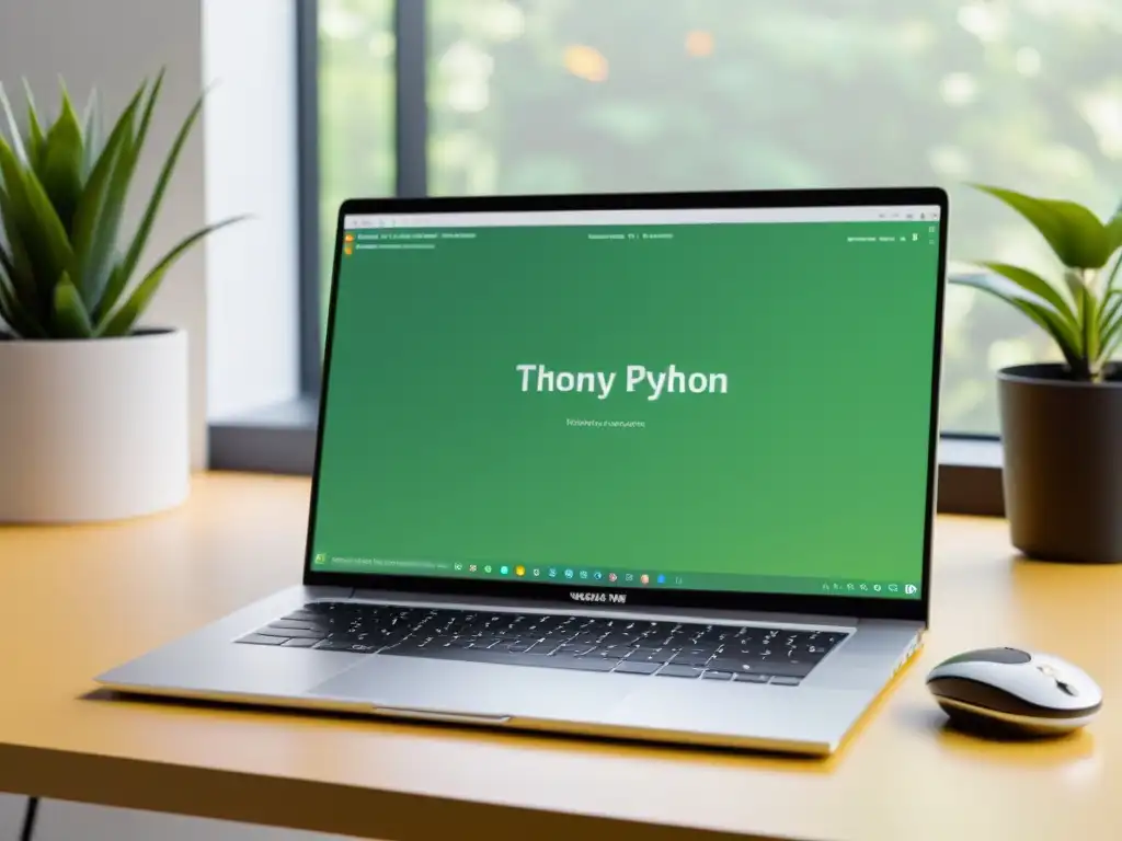 Un espacio minimalista con un portátil que muestra Thonny Python IDE, el mejor IDE para principiantes Python