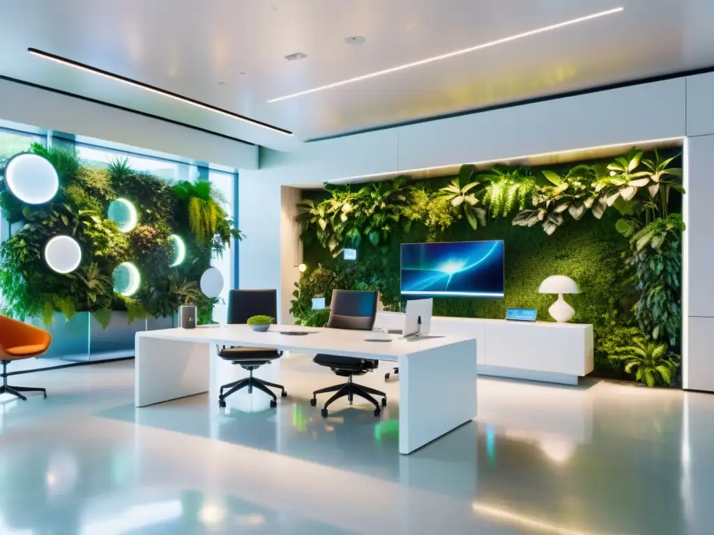 Un espacio de oficina futurista con diseño minimalista, paredes de vidrio transparente, vegetación viva y arte abstracto vibrante
