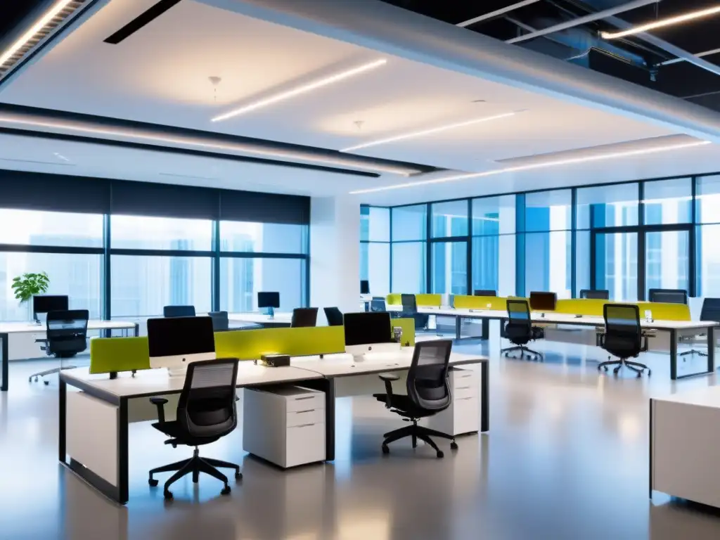 Oficina moderna y colaborativa de alta tecnología Un espacio de oficina moderno y abierto, con tecnología de vanguardia y una atmósfera de innovación y colaboración