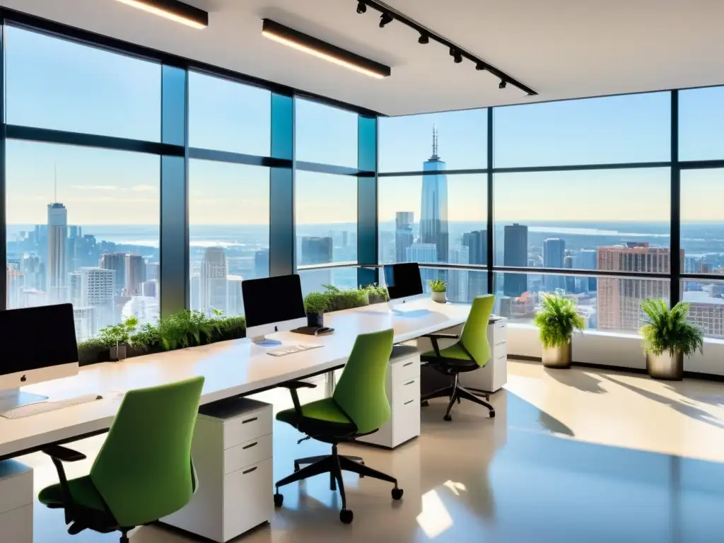 Un espacio de oficina moderno y elegante con vista a la ciudad