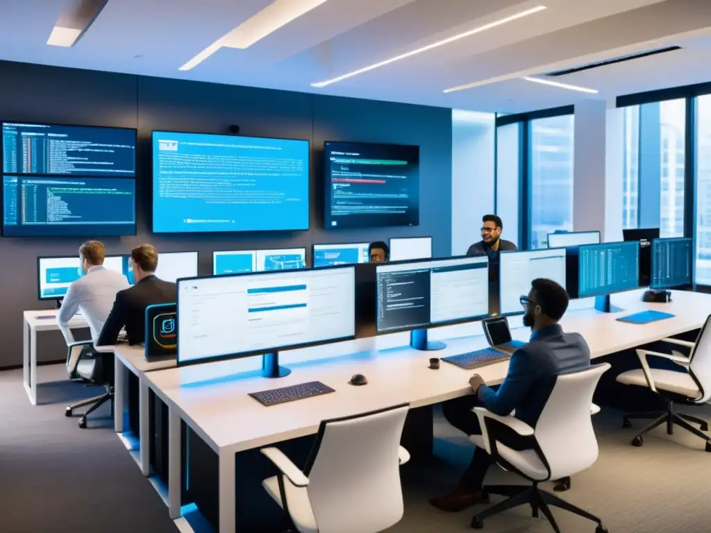 Un espacio de oficina moderno con equipo diverso colaborando en proyectos de IA de código abierto para startups, rodeados de tecnología de vanguardia