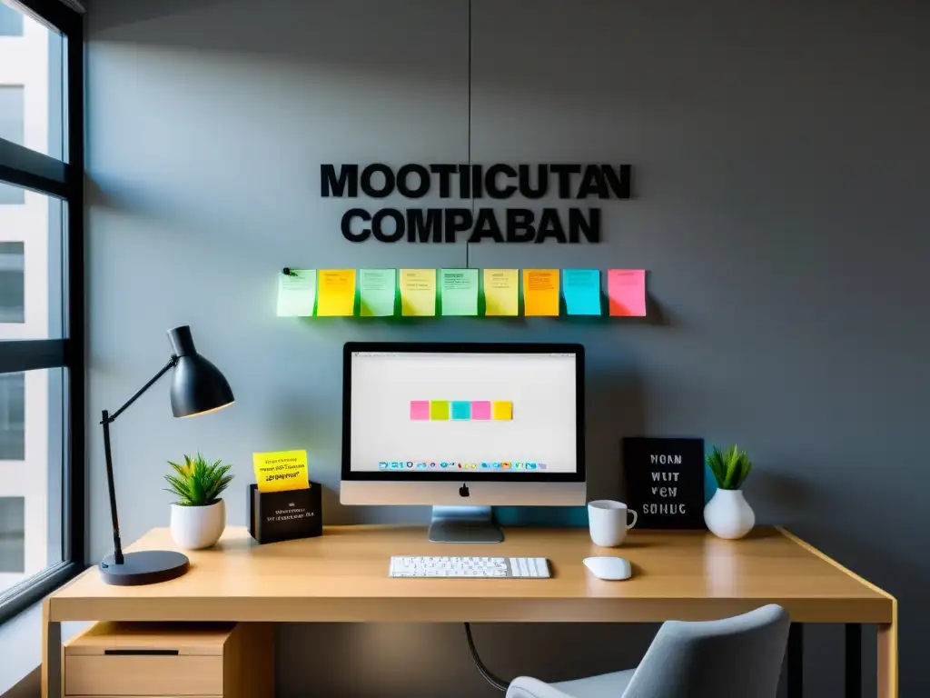 Espacio de oficina moderno con escritorio minimalista, Kanban organizado y luz natural, ideal para mejorar productividad con Wekan Kanban open source