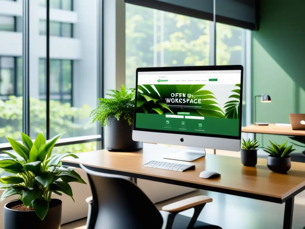 Un espacio de oficina moderno con un escritorio ordenado, código abierto en la pantalla y plantas verdes, creando un ambiente profesional y acogedor