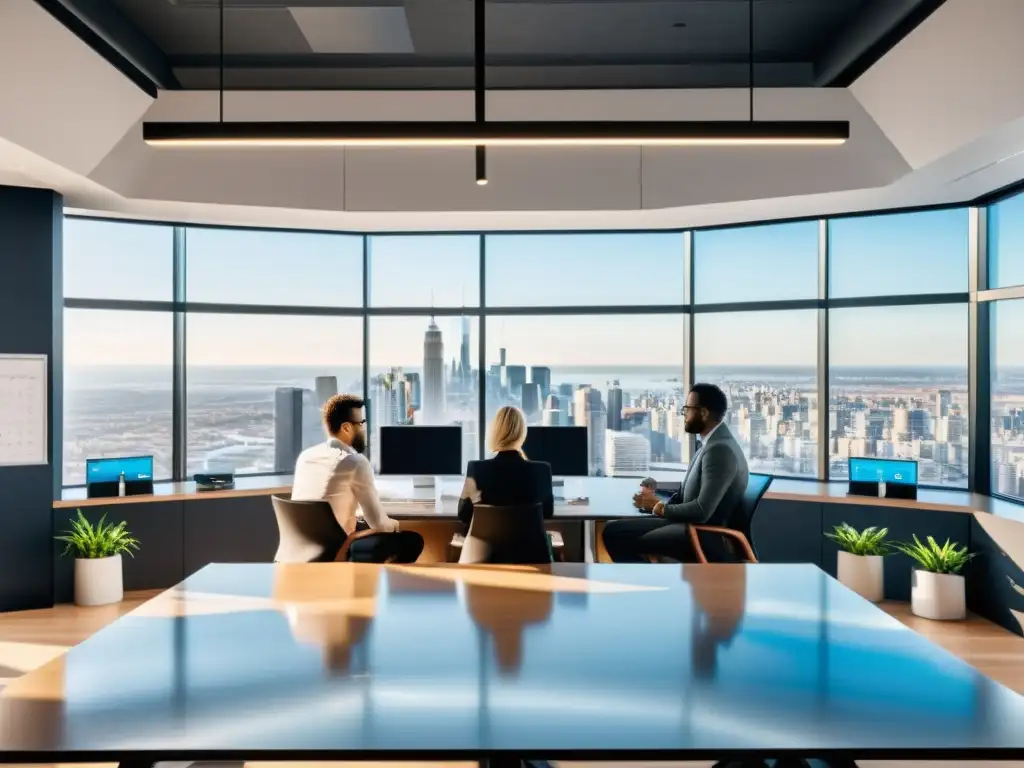 Un espacio de oficina moderno con grandes ventanas que dan a un horizonte de la ciudad