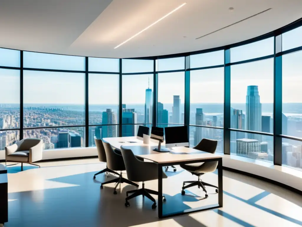 Un espacio de oficina moderno con luz natural y vista a la ciudad