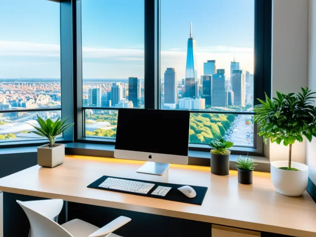 Un espacio de oficina moderno y ordenado con aplicaciones de productividad de código abierto, inundado de luz natural y vistas a la ciudad