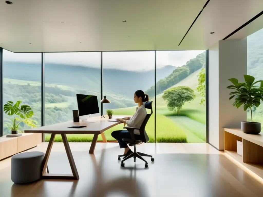 Un espacio de oficina moderno y sereno con amplias ventanas que dan a un paisaje exuberante y verde