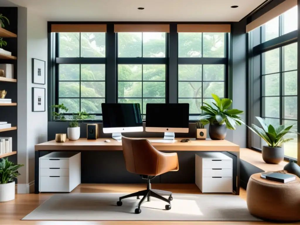 Espacio de teletrabajo moderno con influencia del Cloud Computing de código abierto, luz natural y ambiente sereno para trabajar