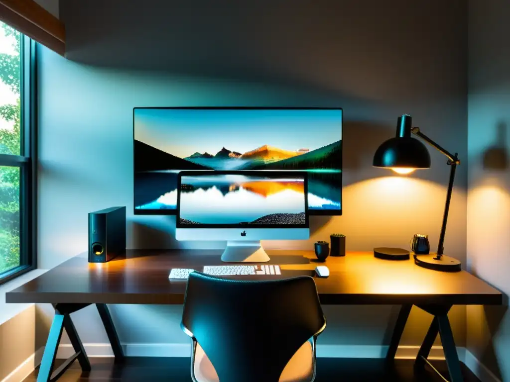 Espacio de trabajo en casa minimalista y acogedor con monitor de alta definición y decoración contemporánea