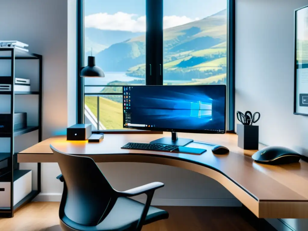 Espacio de trabajo en casa con soluciones Open Source para Teletrabajo, moderno y luminoso con mobiliario ergonómico y accesorios contemporáneos