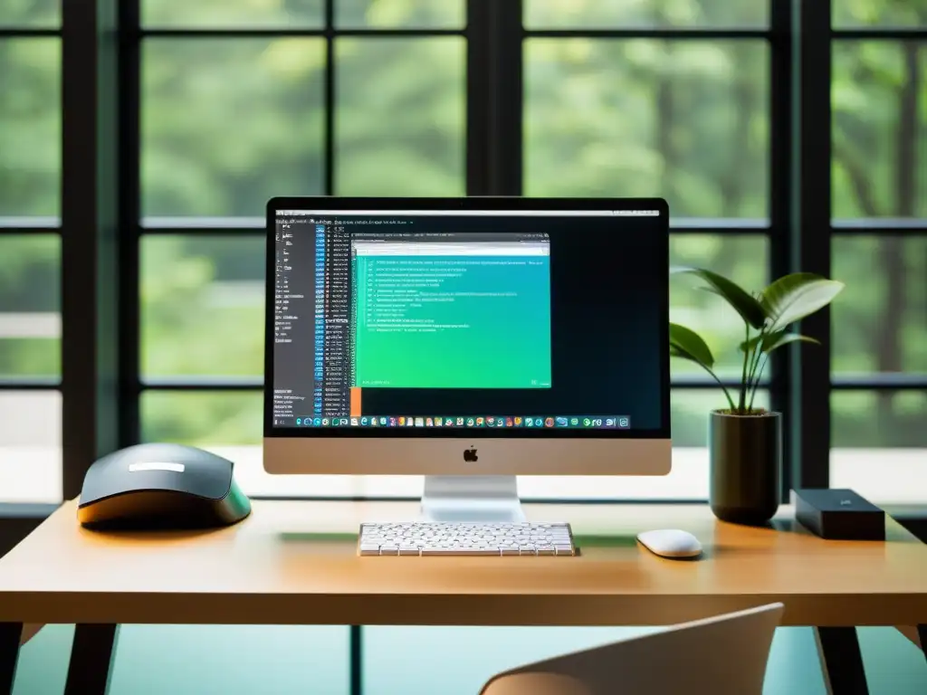 Espacio de trabajo de desarrollador con código abierto y ambiente luminoso