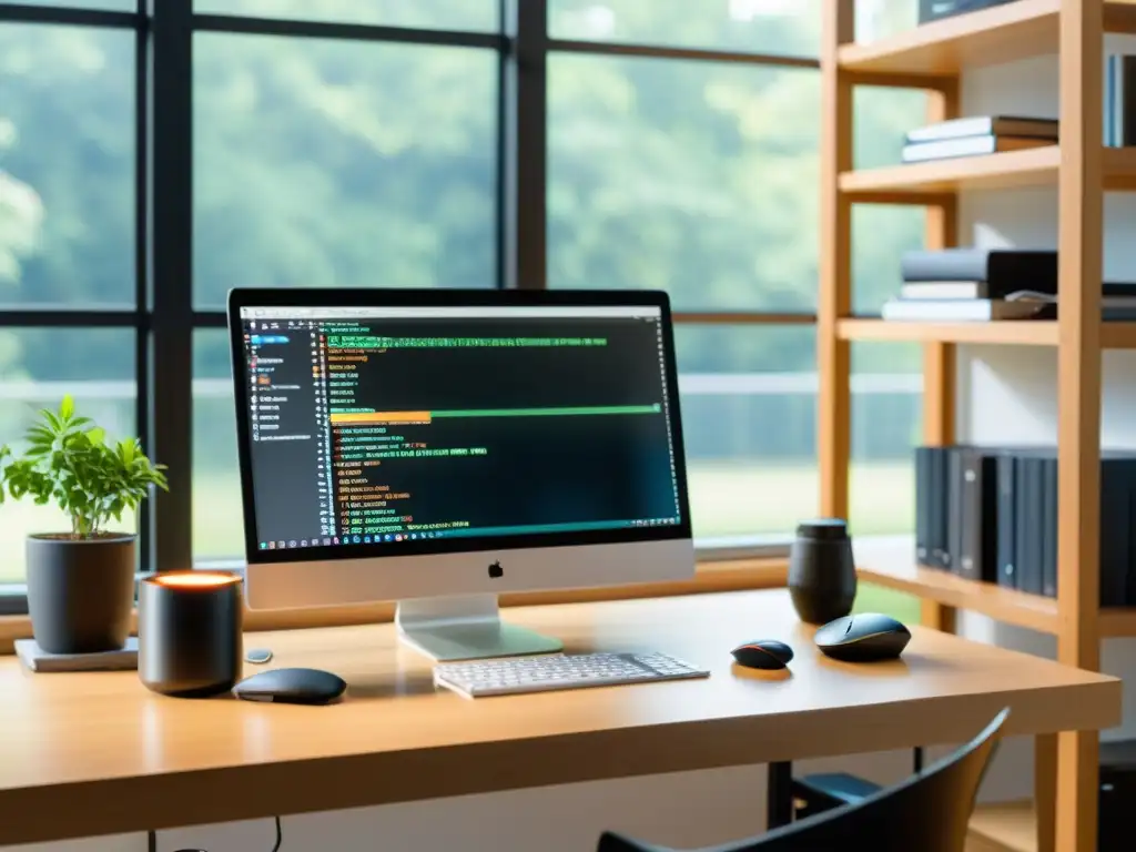 Espacio de trabajo del desarrollador con integración Git Espacio de trabajo de desarrollador con integración Git en IDE favorito, ambiente profesional y moderno, luz natural y libros de programación