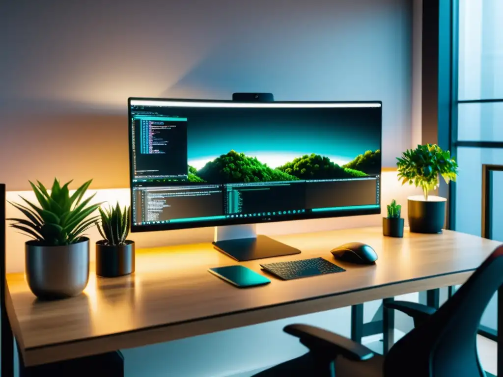 Un espacio de trabajo de desarrollador moderno con tecnología de alta gama y elementos educativos, reflejando el desarrollo backend con ORMs
