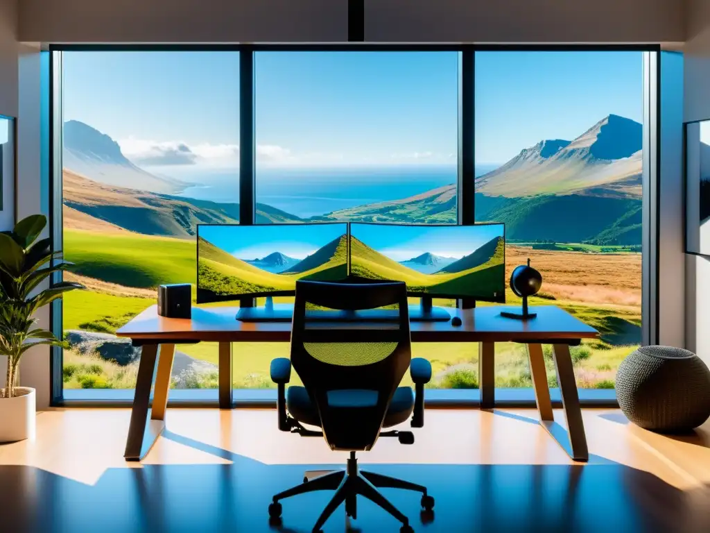 Espacio de trabajo remoto para desarrolladores de software con vistas naturales y equipamiento profesional