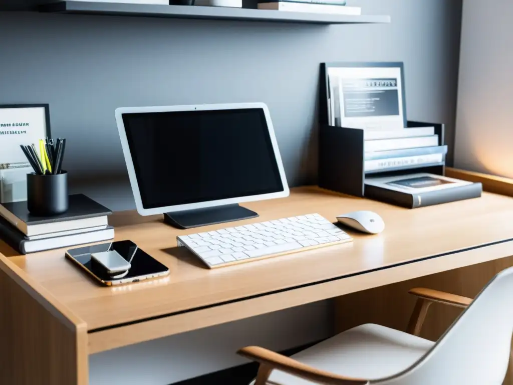 Espacio de trabajo del diseñador: minimalista, moderno y creativo Espacio de trabajo de diseñador con moderno escritorio, monitor, teclado, y tablet, iluminado por luz natural, libros y revistas de diseño