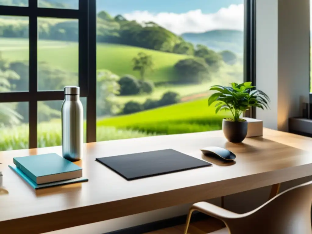 Espacio de trabajo eco-friendly con vista a la naturaleza, reflejando principios de ecodiseño en software