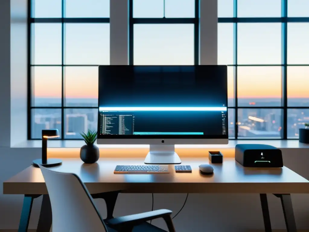 Un espacio de trabajo elegante y minimalista de un desarrollador en un moderno y luminoso entorno de oficina