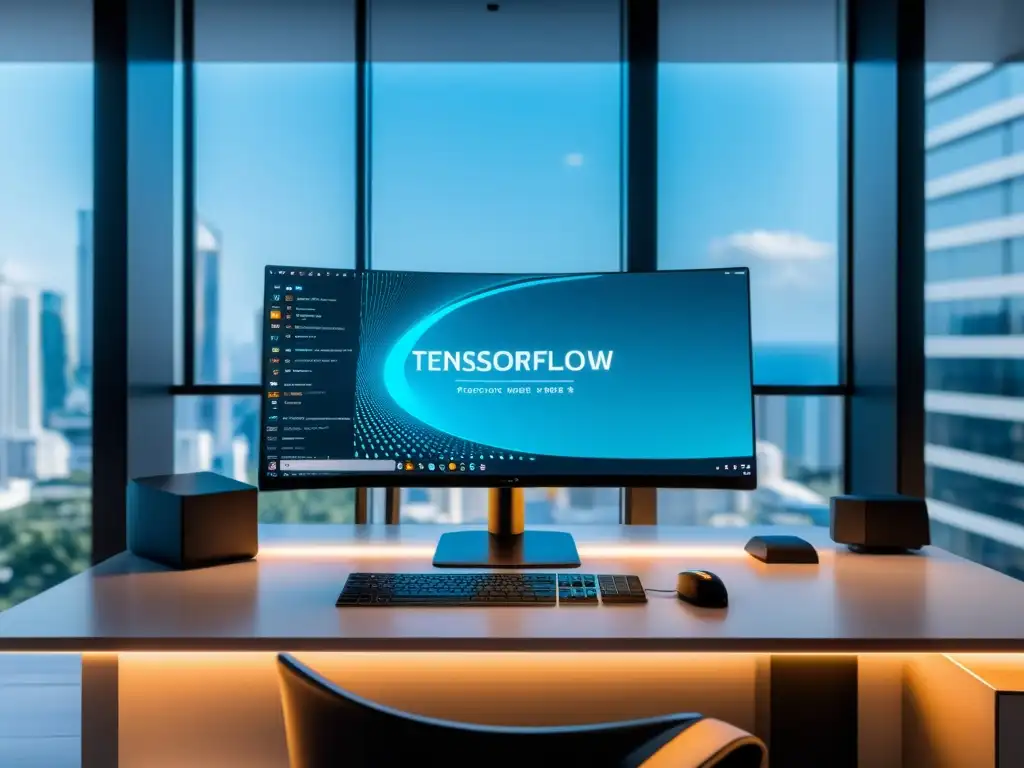 Espacio de trabajo futurista con ordenador potente ejecutando TensorFlow y visualizaciones de algoritmos de machine learning