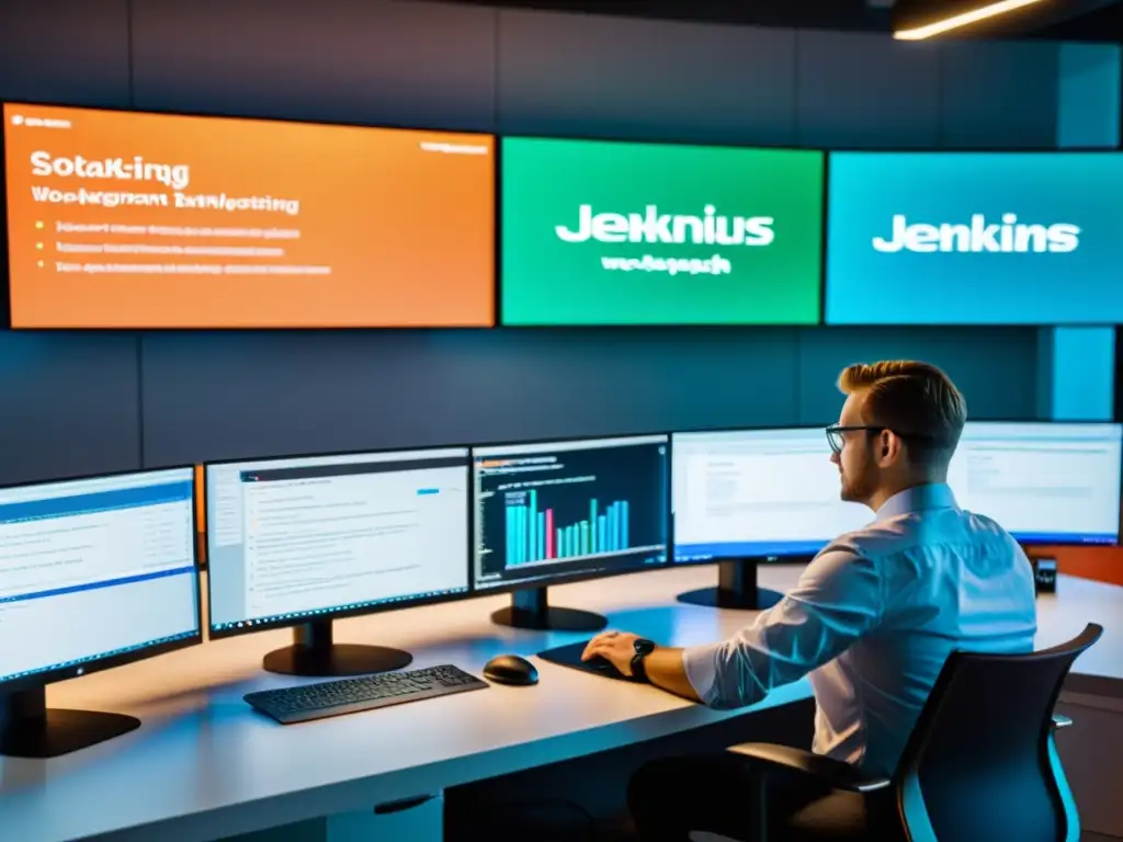 Un espacio de trabajo futurista y profesional con monitores mostrando procesos de integración Jenkins y programación