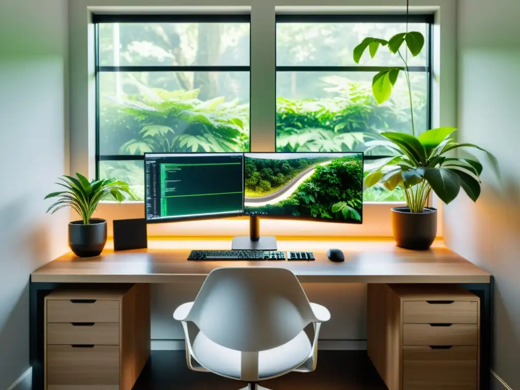 Espacio de trabajo para Infraestructura como Código con Terraform, rodeado de plantas verdes y luz natural