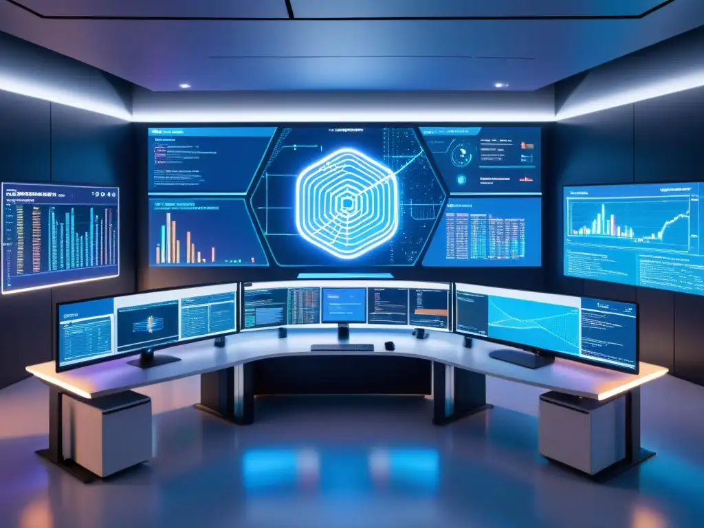 Workspace AI Futurista: Código y Visualizaciones de Datos Un espacio de trabajo de inteligencia artificial de código abierto futurista, profesional y visualmente cautivador en tonos azules