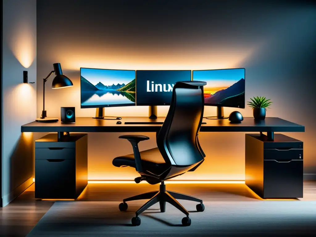 Espacio de trabajo minimalista con estación Linux de alta gama y decoración moderna
