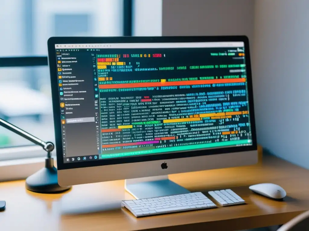 Un espacio de trabajo minimalista con código colorido en pantalla