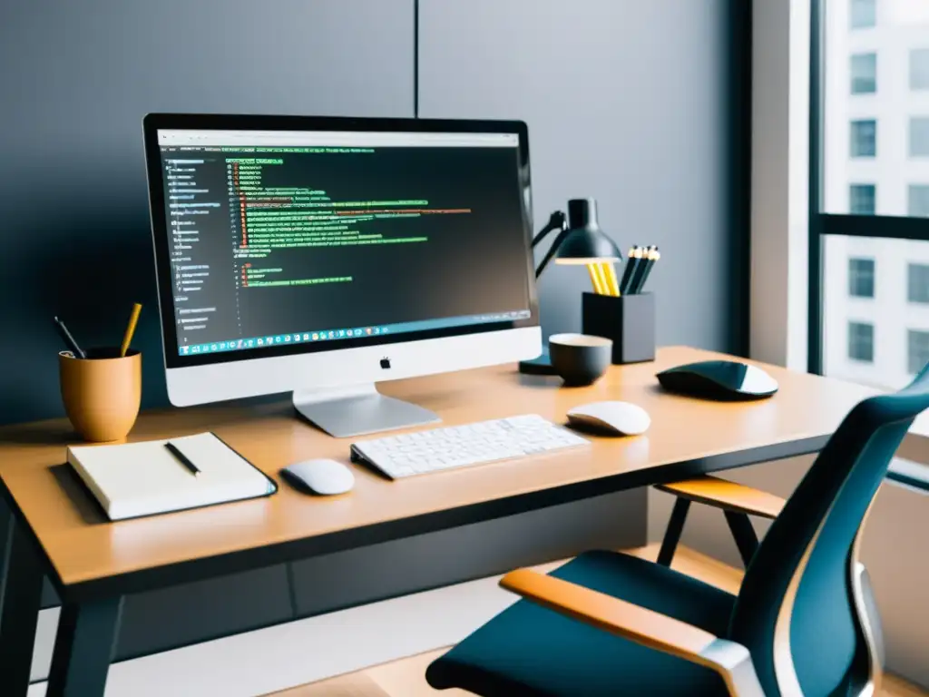 Un espacio de trabajo minimalista con escritorio de programador, archivos de código y tazón de café