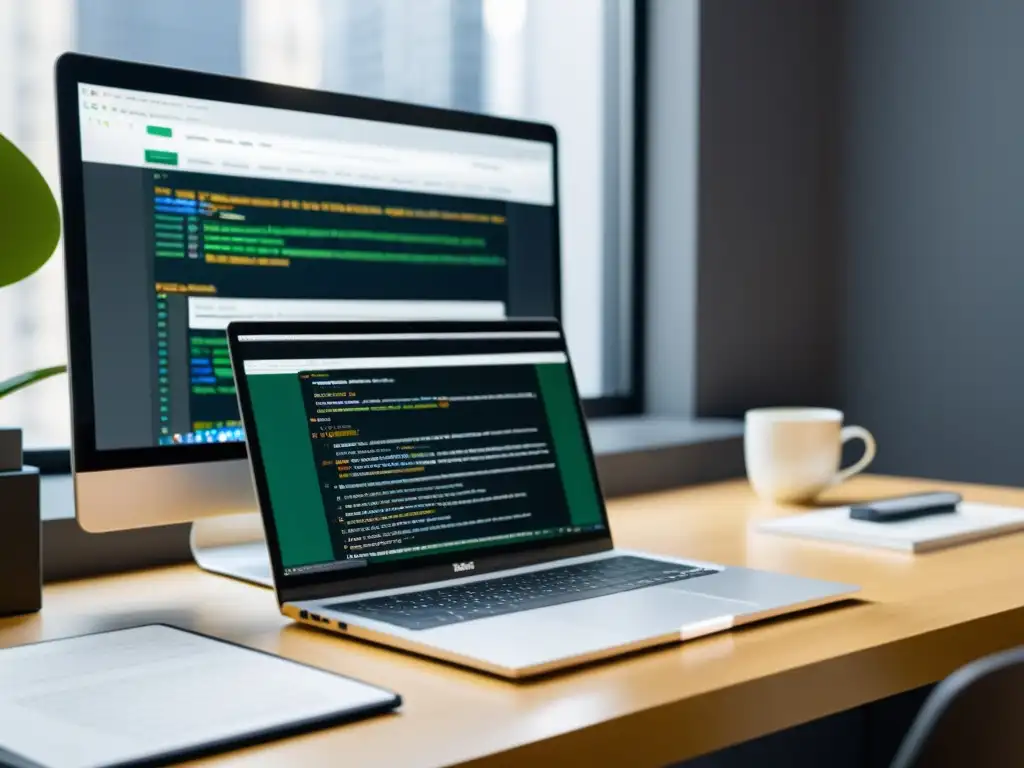 Espacio de trabajo web moderno con código JavaScript Espacio de trabajo minimalista y moderno con laptop, monitor y código JavaScript