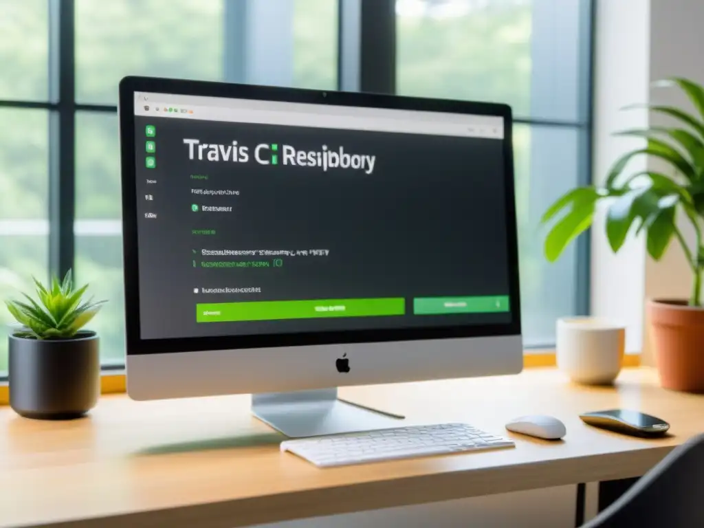 Espacio de trabajo minimalista con pantalla de Travis CI mostrando despliegue continuo en proyectos open source