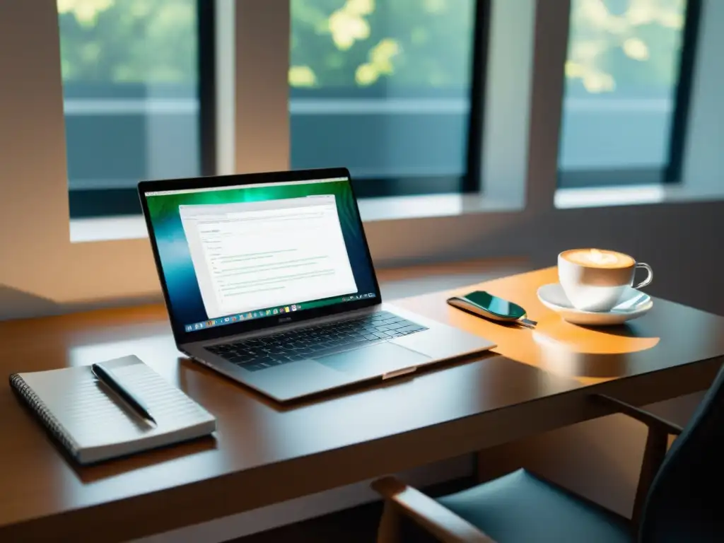 Un espacio de trabajo minimalista y profesional con laptop, código limpio, luz natural y café