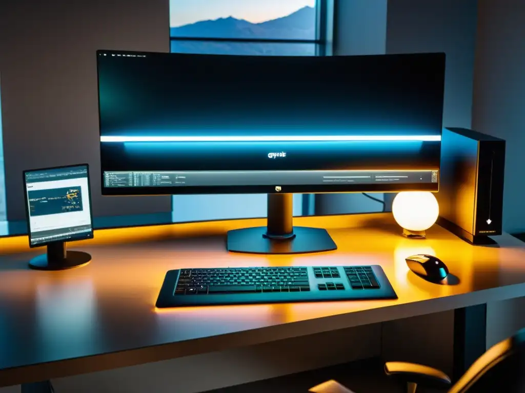 Un espacio de trabajo minimalista y profesional con un monitor ultrapanorámico que muestra la interfaz de Gravit Designer