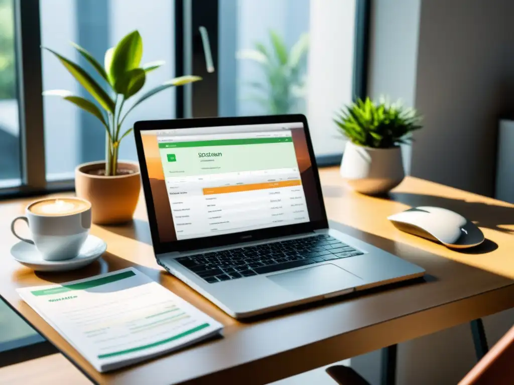 Un espacio de trabajo minimalista con programas de contabilidad de código abierto, iluminado por luz natural y una atmósfera cálida y acogedora