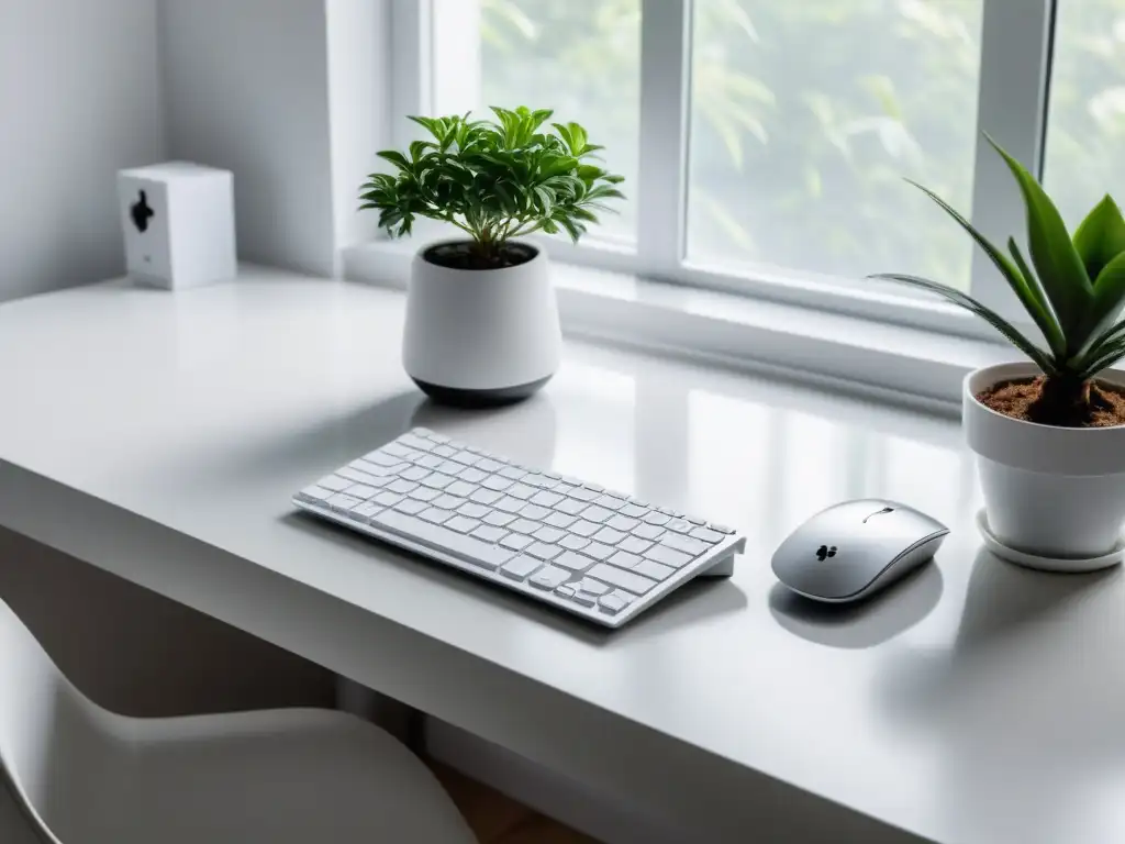 Un espacio de trabajo minimalista y relajante con un elegante escritorio blanco y dispositivos inalámbricos