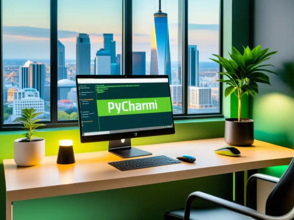 Un espacio de trabajo moderno con ambiente minimalista, luz natural y una computadora ejecutando PyCharm