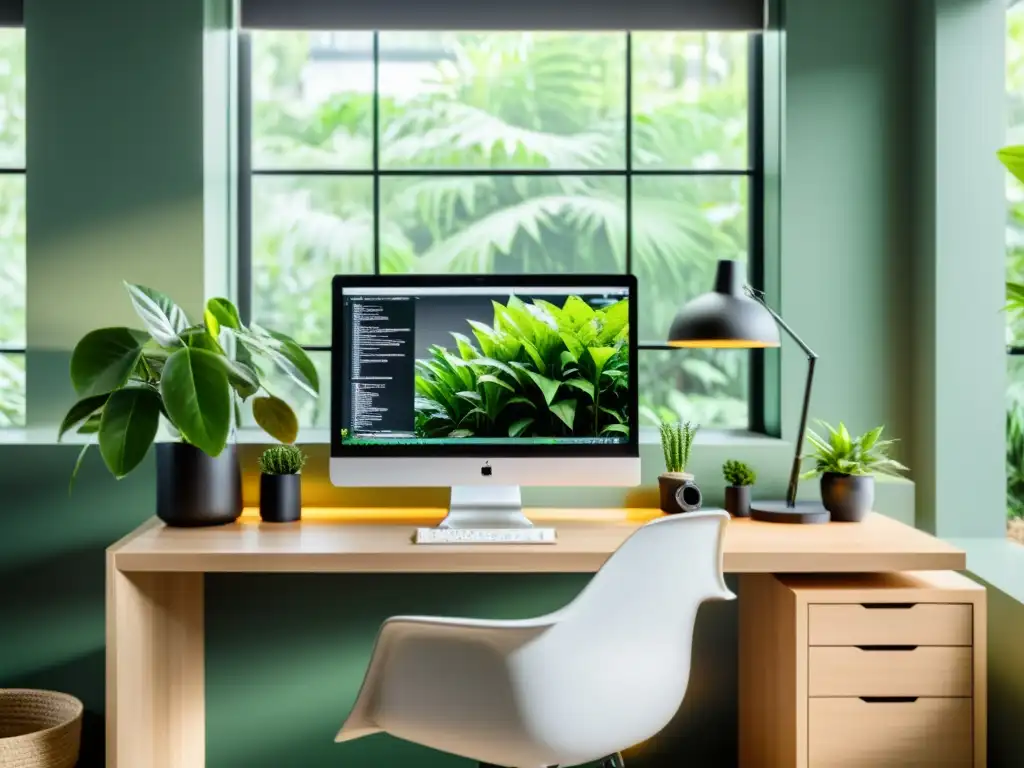 Un espacio de trabajo moderno con código de Selenium en la pantalla, rodeado de plantas verdes y luz natural