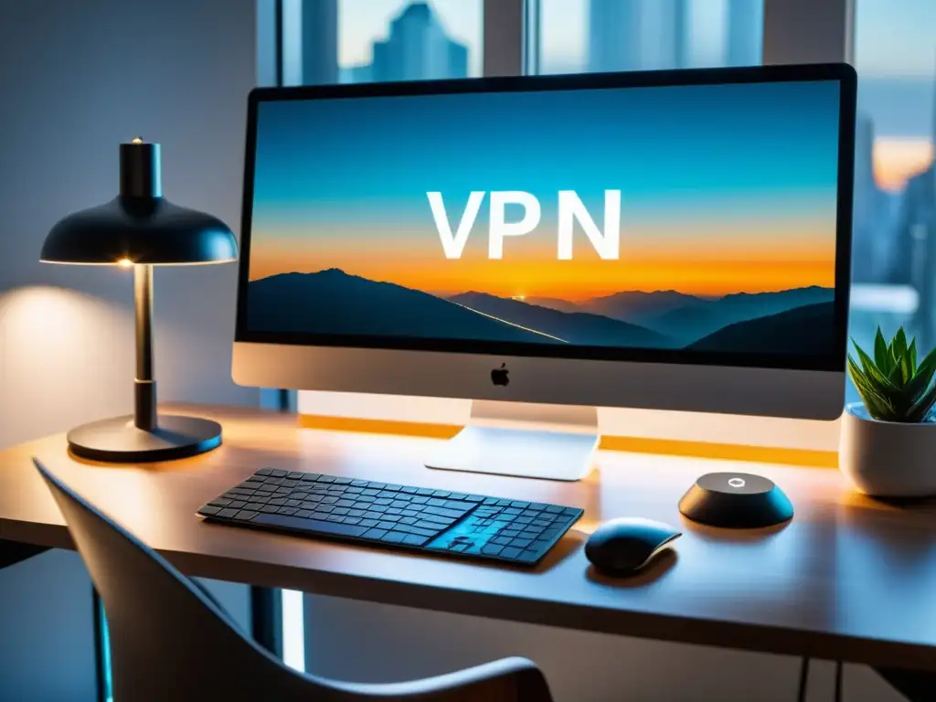 Espacio de trabajo moderno con VPN de código abierto preguntas frecuentes en pantalla, iluminado por luz natural