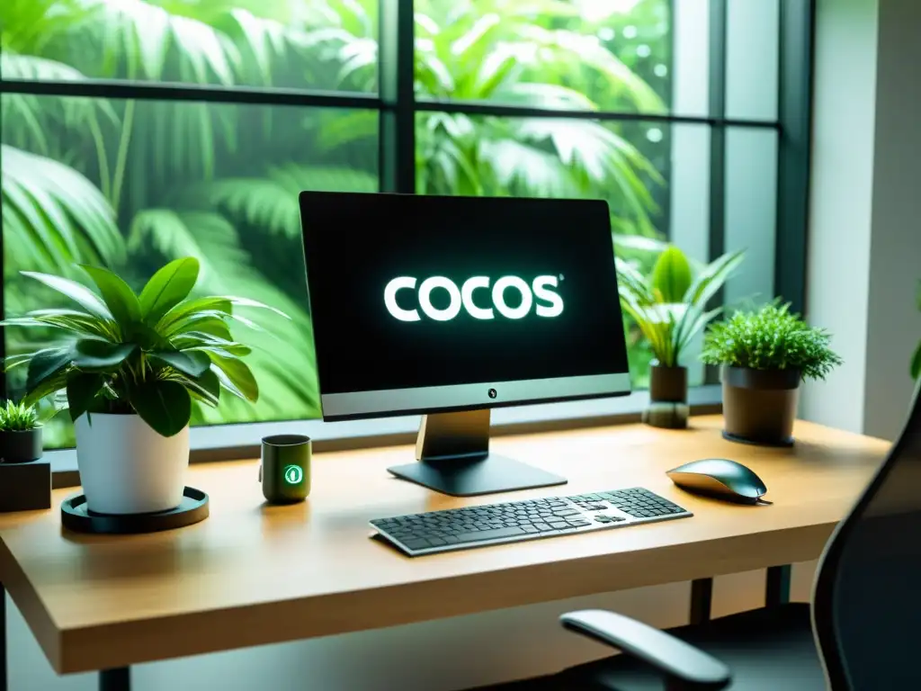 Espacio de trabajo moderno con computadora de alta gama, plantas verdes y logo Cocos2dx en cuaderno