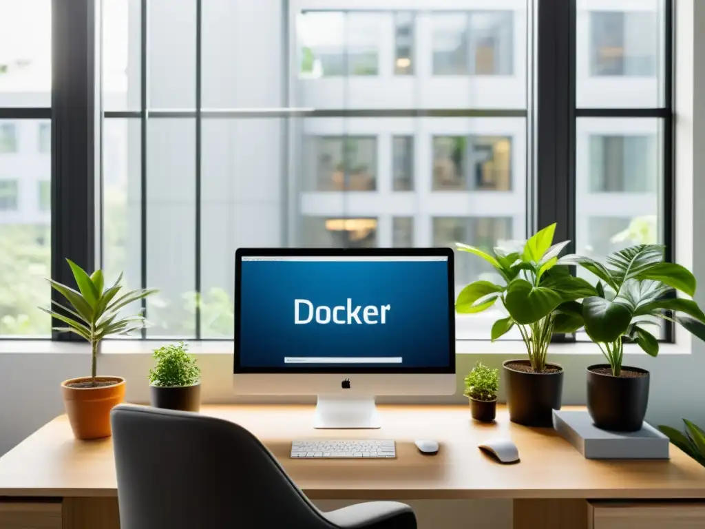 Un espacio de trabajo moderno con una computadora mostrando entornos de testing consistentes con Docker